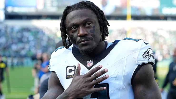 A.J. Brown #11 of the Philadelphia Eagles reacts.