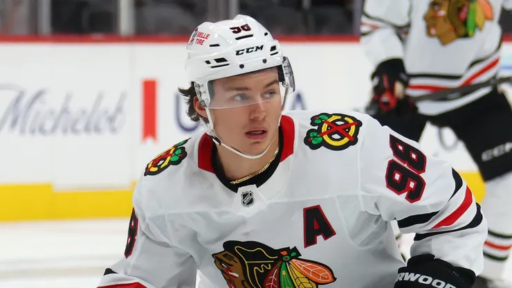 Connor Bedard #98 of the Chicago Blackhawks against the Detroit Red Wings in Detroit, Michigan.