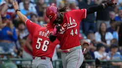 Elly De La Cruz #44 of the Cincinnati Reds rounds third base.