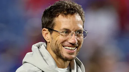 Mike McDaniel looks on prior to the game against the Bills on September 18, 2025, New York.
