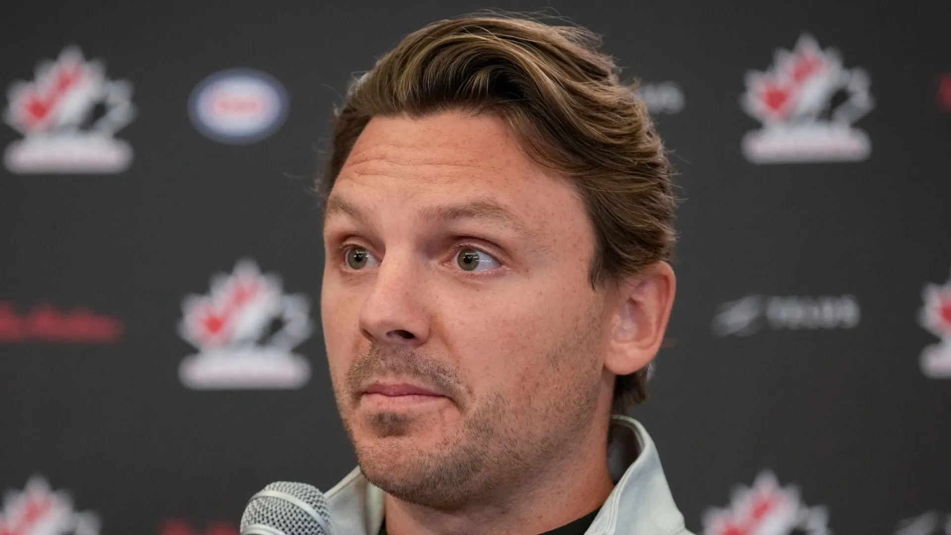 Sam Reinhart speaks to media