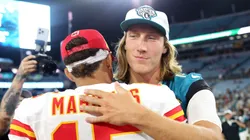 Trevor Lawrence hugs Patrick Mahomes after a preseason game on August 10, 2024, Florida.