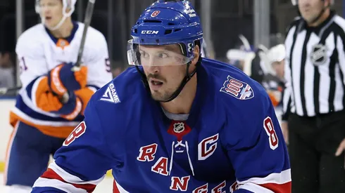 J.T. Miller #8 of the New York Rangers skates against the New York Islanders.