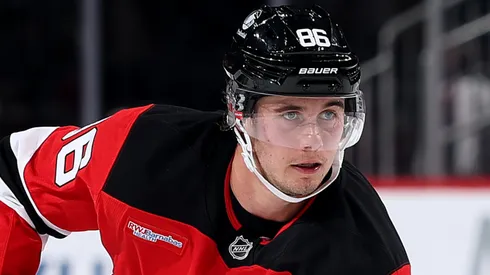 Jack Hughes #86 of the New Jersey Devils controls the puck.