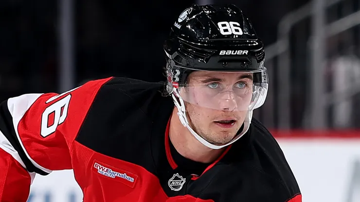 Jack Hughes #86 of the New Jersey Devils controls the puck.