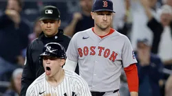 Ben Rice #22 of the New York Yankees reacts at third base.
