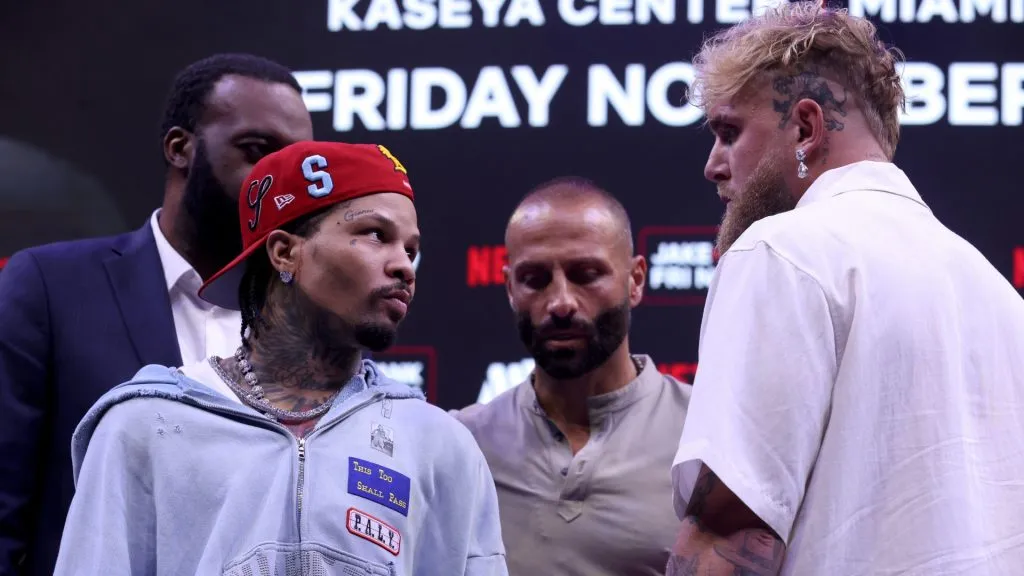 Gervonta “Tank” Davis and Jake Paul face off at news conference for their exhibition match. (Photo by Leonardo Fernandez/Getty Images)