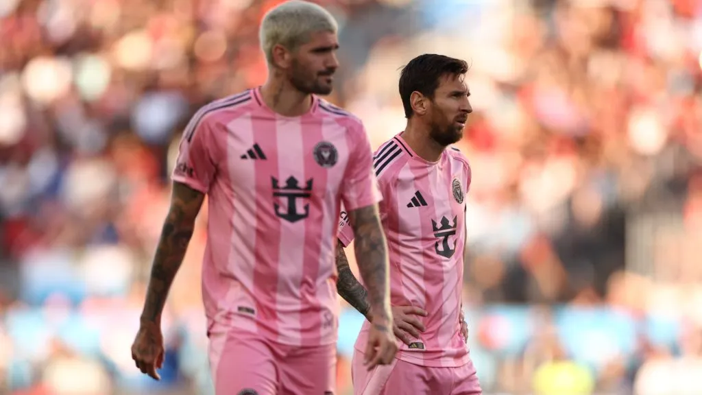 Rodrigo De Paul and Lionel Messi during Inter Miami’s game against Toronto FC. (Michael Chisholm/Getty Images)