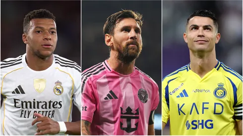 Kylian Mbappe of Real Madrid, Lionel Messi of Inter Miami, and Cristiano Ronaldo of Al Nassr.
