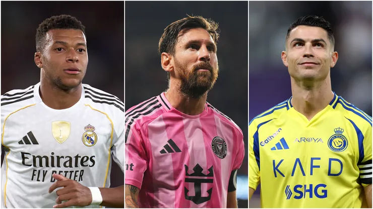 Kylian Mbappe of Real Madrid, Lionel Messi of Inter Miami, and Cristiano Ronaldo of Al Nassr.