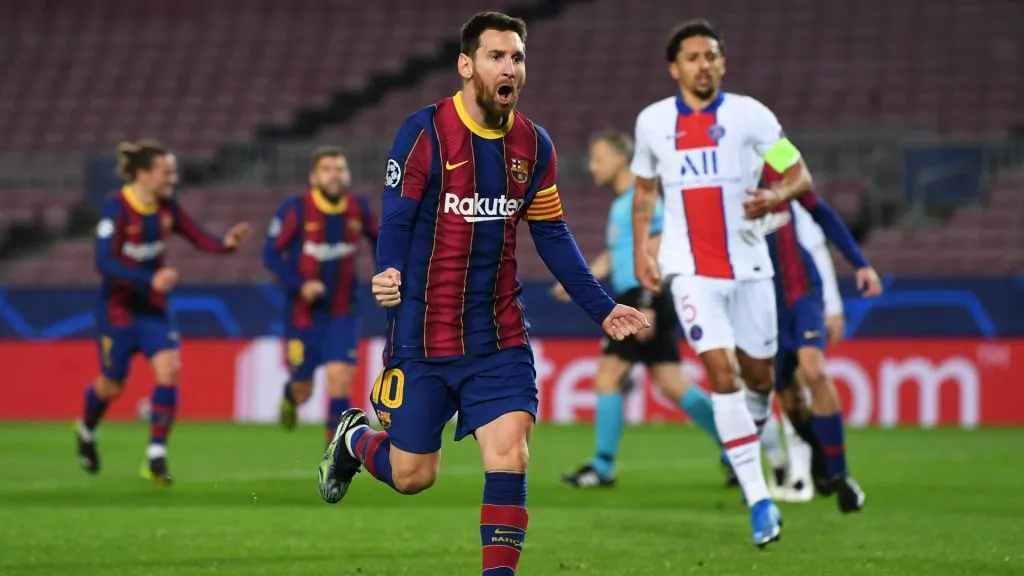 Lionel Messi celebrates a goal for Barcelona against PSG during Champions League. (David Ramos/Getty Images)