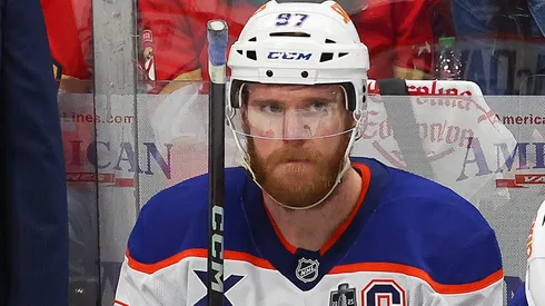 Connor McDavid #97 of the Edmonton Oilers reacts after a goal.