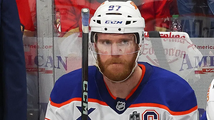Connor McDavid #97 of the Edmonton Oilers reacts after a goal.