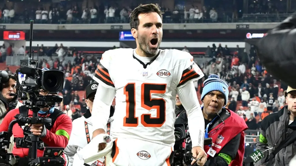 Joe Flacco celebrates after defeating the New York Jets in 2023. (Source: Nick Cammett/Getty Images)