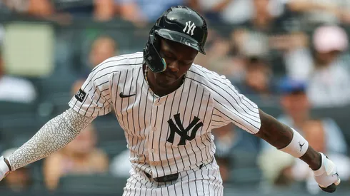 Jazz Chisholm Jr. #13 of the New York Yankees reacts.
