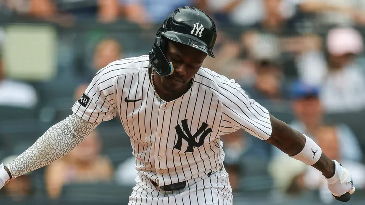 Jazz Chisholm Jr. #13 of the New York Yankees reacts.