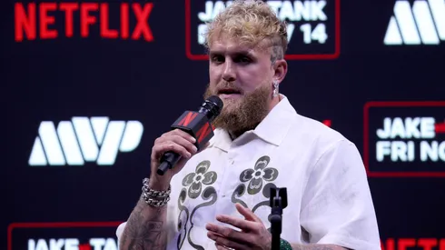 Jake Paul speaks at a news conference about his exhibition match.