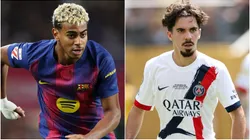 Lamine Yamal of FC Barcelona and Vitinha #17 of Paris Saint-Germain.