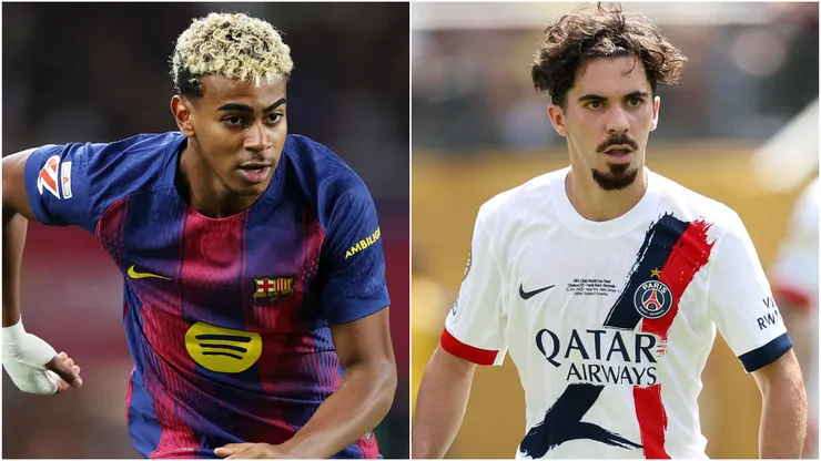 Lamine Yamal of FC Barcelona and Vitinha #17 of Paris Saint-Germain.