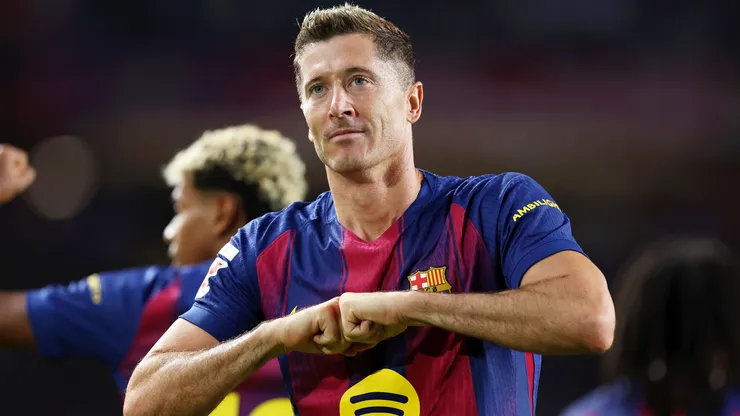 Robert Lewandowski of FC Barcelona celebrates scoring a goal.