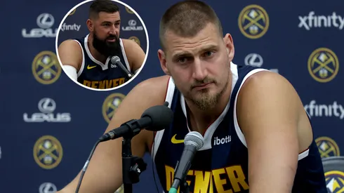 Nikola Jokic and Jonas Valanciunas of the Denver Nuggets.