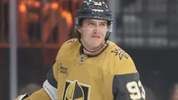 Mitch Marner #93 of the Vegas Golden Knights looks onin the first period during a preseason game.