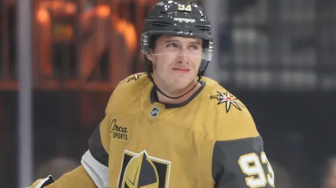 Mitch Marner #93 of the Vegas Golden Knights looks onin the first period during a preseason game.