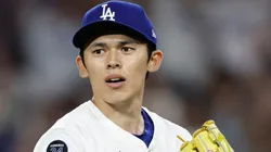 Roki Sasaki #11 of the Los Angeles Dodgers reacts after the final out.