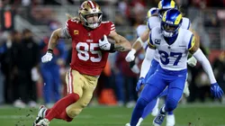 George Kittle of the San Francisco 49ers runs with the ball after a reception against the Los Angeles Rams in 2024.