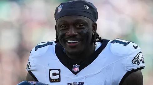 A.J. Brown #11 of the Philadelphia Eagles smiles.