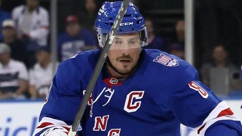 J.T. Miller #8 of the New York Rangers skates against the New York Islanders.