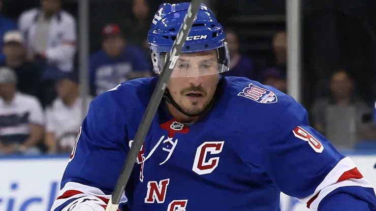 J.T. Miller #8 of the New York Rangers skates against the New York Islanders.