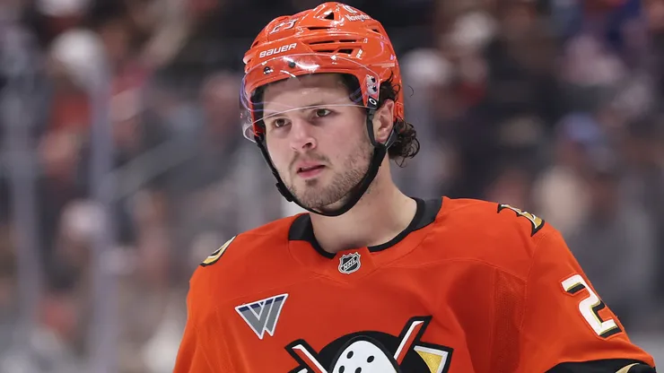 Mason McTavish #23 of the Anaheim Ducks looks on during an NHL game.