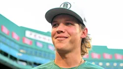 Connelly Early #71 of the Boston Red Sox talks with the media.