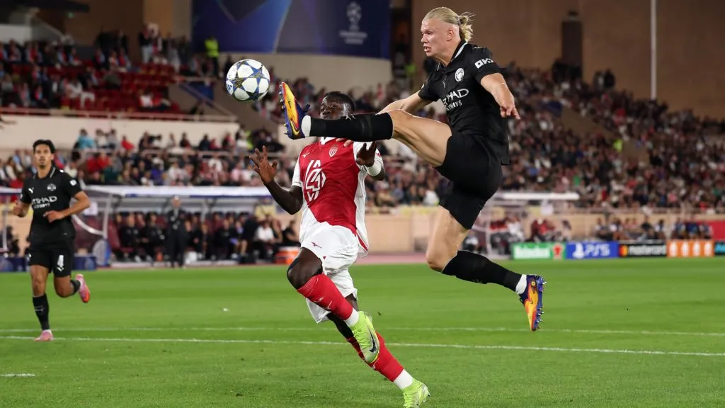 Erling Haaland scores for Manchester City against Monaco. (Alex Pantling/Getty Images)