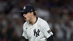 Cam Schlittler celebrates during the 5th inning vs the Red Sox on October 02, 2025 in the Bronx.