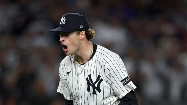 Cam Schlittler celebrates during the 5th inning vs the Red Sox on October 02, 2025 in the Bronx.