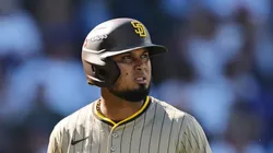 Luis Arraez walks back to the dugout after striking out vs Cub on September 30, 2025 in Chicago.