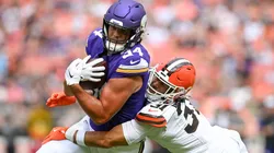 Nick Muse #34 of the Minnesota Vikings is tackled by Chase Williams #31 of the Cleveland Browns.