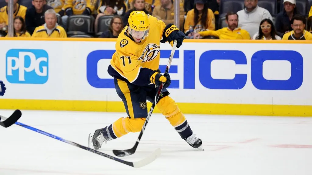 Luke Evangelista #77 of the Nashville Predators scores a goal. (Photo by Andy Lyons/Getty Images)