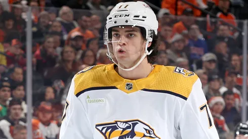 Luke Evangelista #77 of the Nashville Predators looks on against the Philadelphia Flyers.