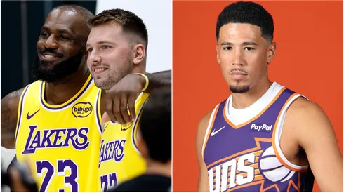 LeBron James #23, Luka Doncic #77 of the Los Angeles Lakers and Devin Booker #1 of the Phoenix Suns.