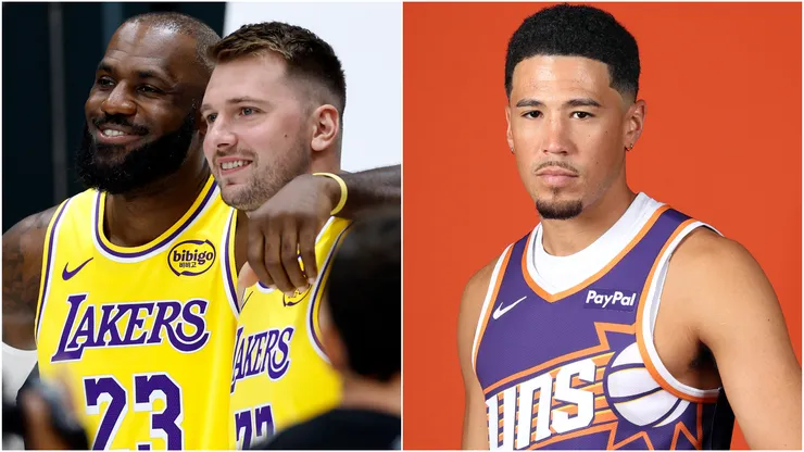 LeBron James #23, Luka Doncic #77 of the Los Angeles Lakers and Devin Booker #1 of the Phoenix Suns.