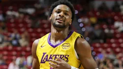 Bronny James #9 of the Los Angeles Lakers runs on the court.