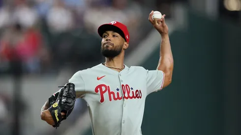 Cristopher Sánchez pitches against the Rangers on August 08, 2025 in Arlington, Texas.
