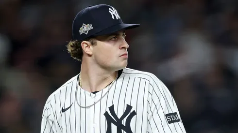 Cam Schlittler walks across the field on October 02, 2025 in the Bronx borough of New York City.