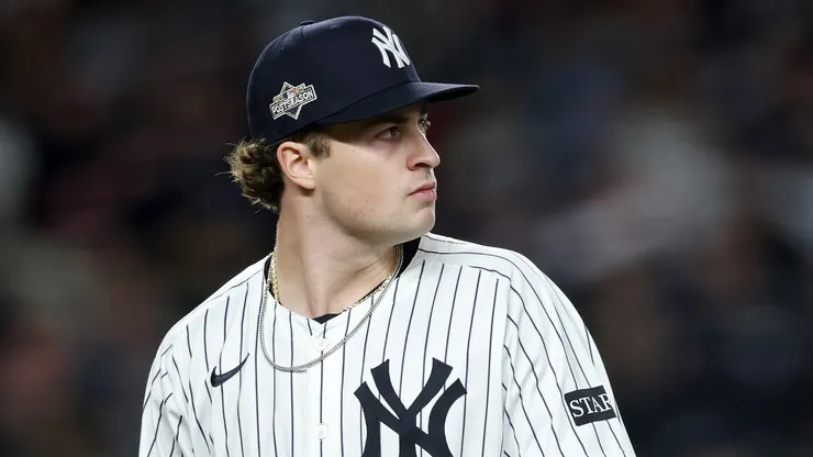 Cam Schlittler walks across the field on October 02, 2025 in the Bronx borough of New York City.