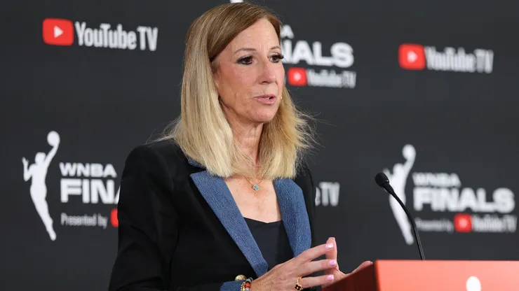 WNBA Commissioner Cathy Engelbert speaks to the media.