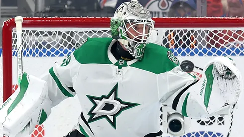 Jake Oettinger #29 of the Dallas Stars makes a save against the Oilers during the Western Conference Final.