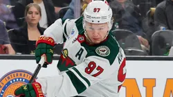 Kirill Kaprizov #97 of the Minnesota Wild takes a shot against the Vegas Golden Knights.